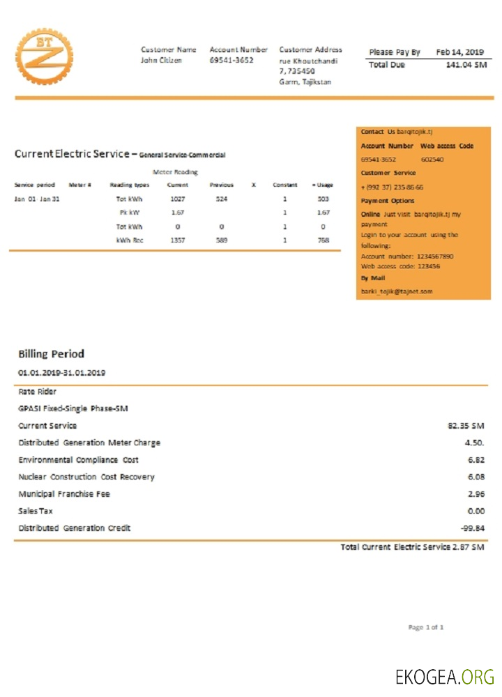 Tajikistan Barqi Tojik Company electricity utility bill template in Word and PDF format
